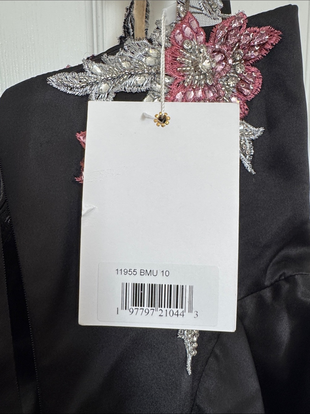 Mac Duggal 11955 Black Satin One-Shoulder Midi Dress with Beaded Flowers Size 10 - Picture 11 of 11